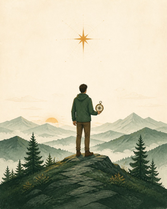 站上山脊,手持罗盘,头顶一颗指路的星